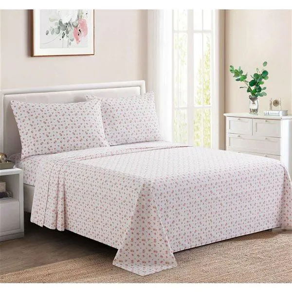 Ensemble de draps pour lit 1 place Marina Decoration coton/polyester 600 fils à motif fleurs rose/rouge/vert/blanc