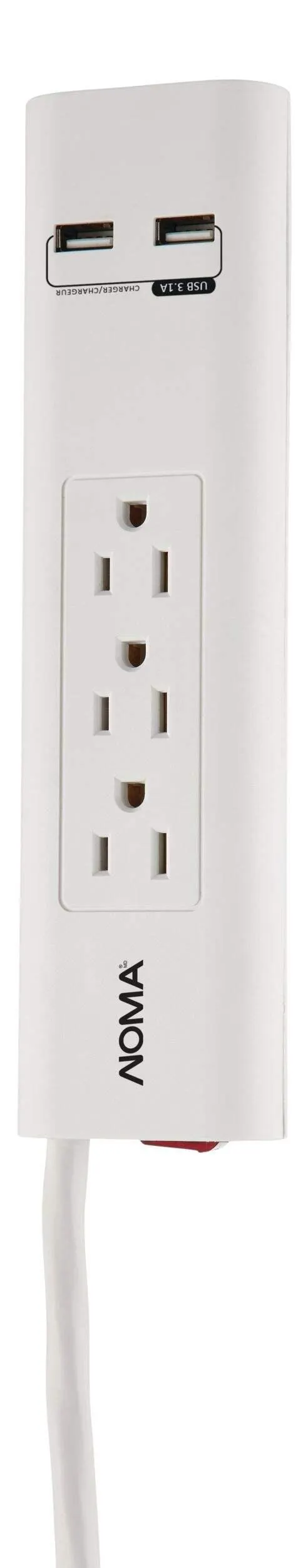Barre d'alimentation NOMA à 3 prises et 2 ports USB avec limiteur de surtension 450 joules, cordon de 4 pi, blanc
