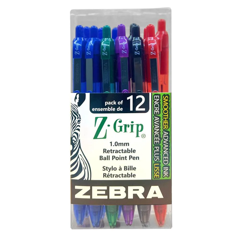 Zebra - Stylos à bille Z-Grip, rétractables, pointe de 1,0 mm, assortis, paquet de 12