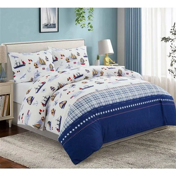 Ensemble housse de couette lit simple 3 morceaux Marina Decoration bleu et blanc nautique en coton et attache de coin