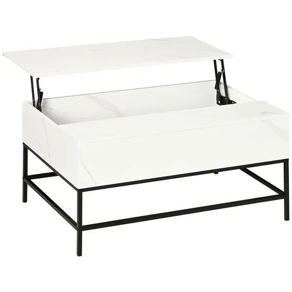 Table basse à plateau relevable HOMCOM 35,4 l. x 23,8 p. x 17,9 po h. blanc aspect marbre/métal noir avec rangement