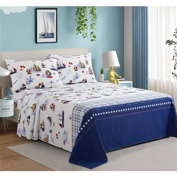 Ensemble de draps 4 pièces pour lit 2 places Marina Decoration coton/polyester 600 fils à motif nautique bleu et blanc