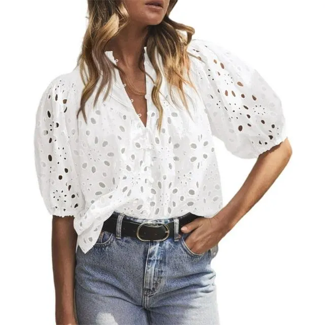 PRETTYGARDEN Women's Summer Tops Dressy Casual Short Lantern Sleeve V Neck Buttons Hollow Out Lace Embroidered Blouses Shirts