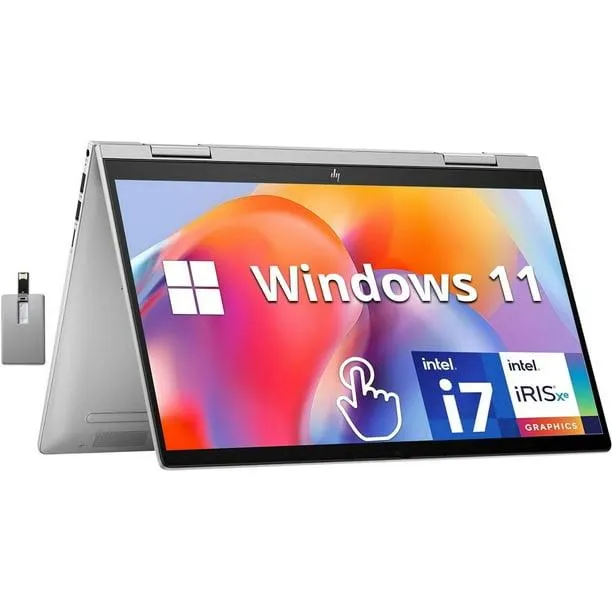 HP Envy x360 2-en-1 14 Pouces FHD Ordinateur Portable à Écran Tactile, Intel Core i7-1355U, 16 Go RAM, 2 To SSD, Clavier Rétroéclairé, Caméra 5MP, Lecteur d'Empreintes Digitales, Intel Iris Xe Graphics, Wi-Fi 6E, Win 11, Argent, Carte USB 32 Go