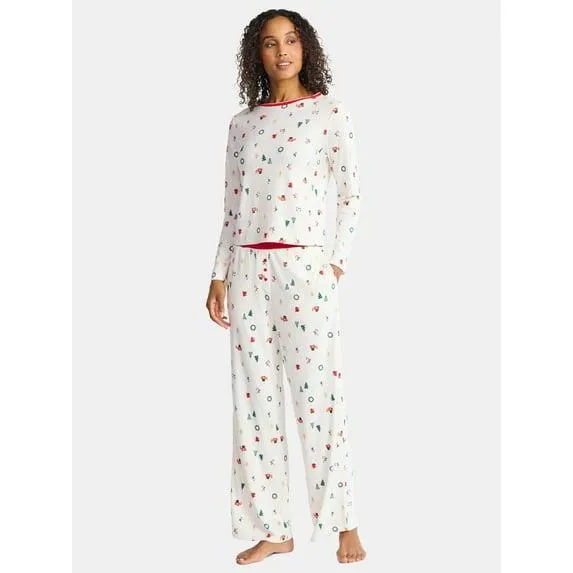 Christmas Women's and Women's Plus Long Sleeve Top and Wide Leg Pants Pajama Set from Holiday Time, 2-Piece, Sizes XS-3X