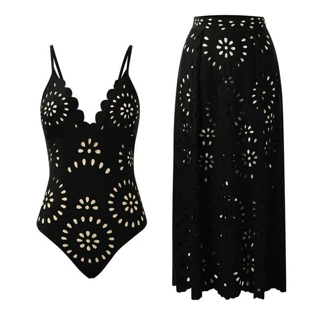 MNCEKFOD Womens One Piece Swimsuits Sexy V Neck Spaghetti Straps Skintight Bathing Suit Flowy Petal Hollow Skirts Summer Vcation Swimwear Black L