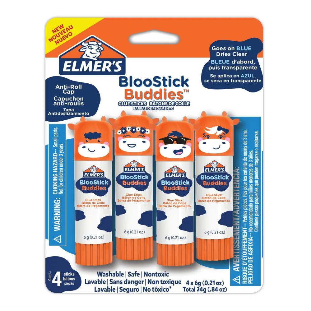 Elmer's - Bâtons de colle Copains BlooStick, bâton de colle bleue qui disparaît en séchant, capuchon antiroulement, 6 g, 4 unités