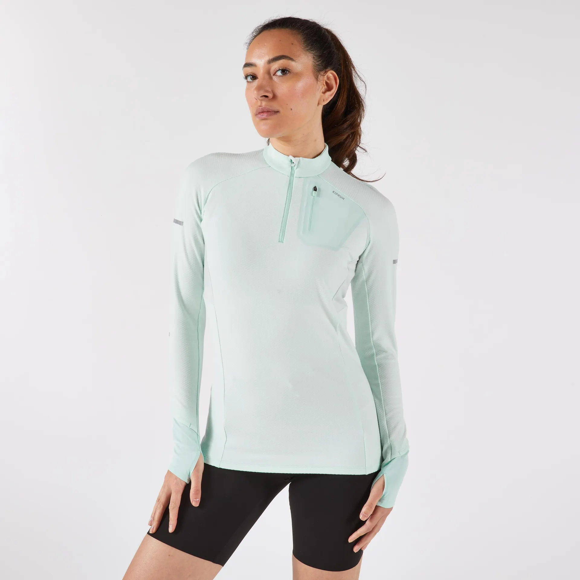 Maillot de course à manches longues 1/2 zip femme, Run 500 Warm vert