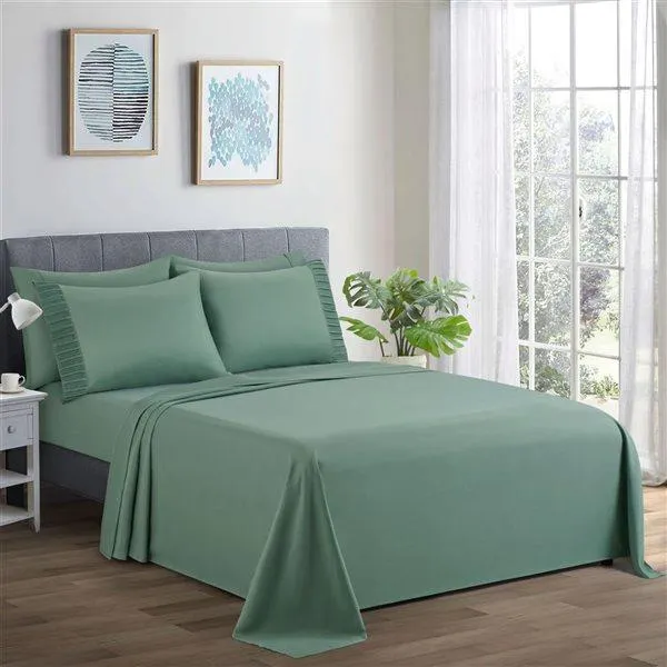Ensemble de draps 6 pièces pour grand lit Marina Decoration bambou/polyester vert uni