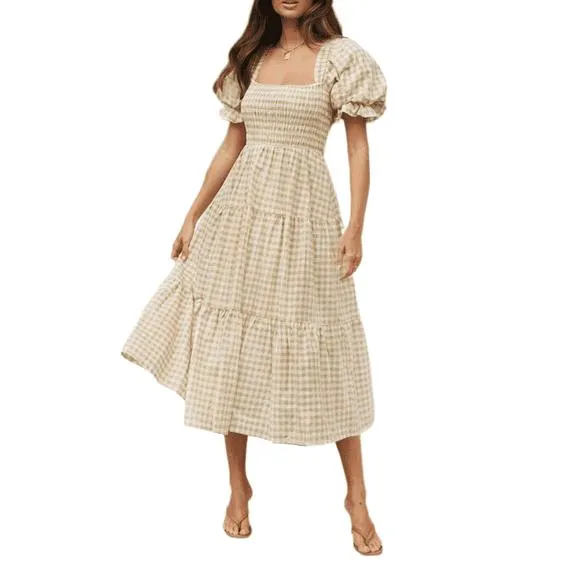 YOGAFOX Women's Boho Summer Plaid Square Neck Puff Sleeve Ruffle Flowy Midi Dress（Beige,M）