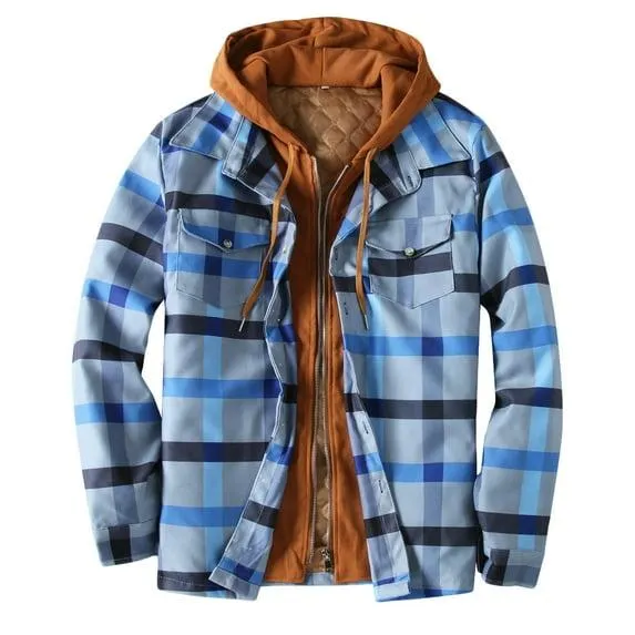 Mens Sherpa Fleece Lined Plaid Shirts Jackets Hoodie Coat Casual Thermal Zip Up Flannel Jackets Winter Warm Work Coat Outwear