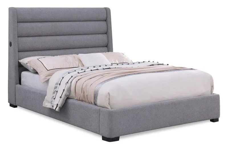 Base de lit plateforme rembourrée Jade en tissu gris avec ports USB - format grand lit