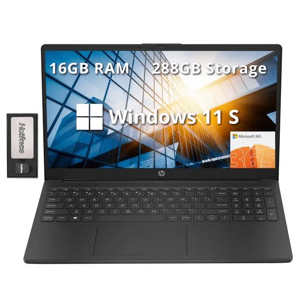 HP Ordinateur Portable 15,6 Pouces HD, Processeur Intel N200, 16 Go RAM, Stockage 288 Go (128 Go SSD+160GB Station d'Accueil), Intel UHD Graphics, Pavé Numérique, Webcam HD, Wi-Fi 6, 1 An Office 365, Win 11 S, Noir