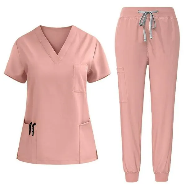 Amzcrzy Ensemble de Blouses Médicales pour Femmes Col en V Manches Courtes Hauts Pantalons Jogger Ensembles de Blouses Décontractés Extensibles Couleur Unie avec Poches