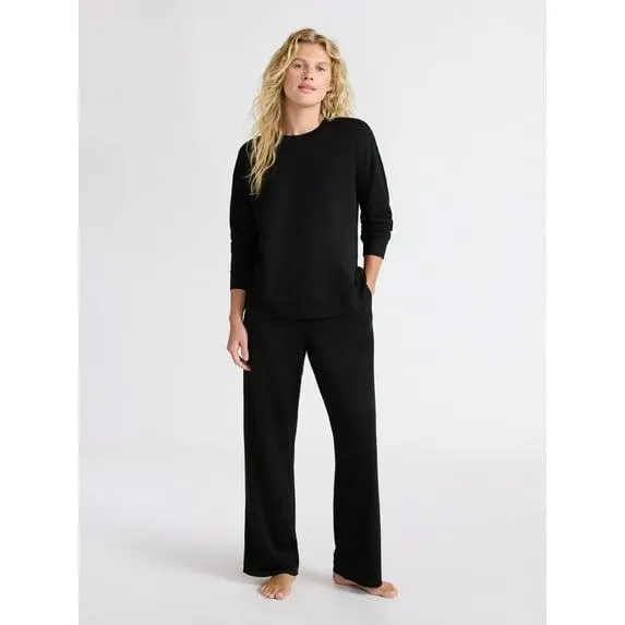 Joyspun Women's Fleece Long Sleeve Top and Straight Leg Pants Lounge Set, 2-Piece, Sizes XS-3X