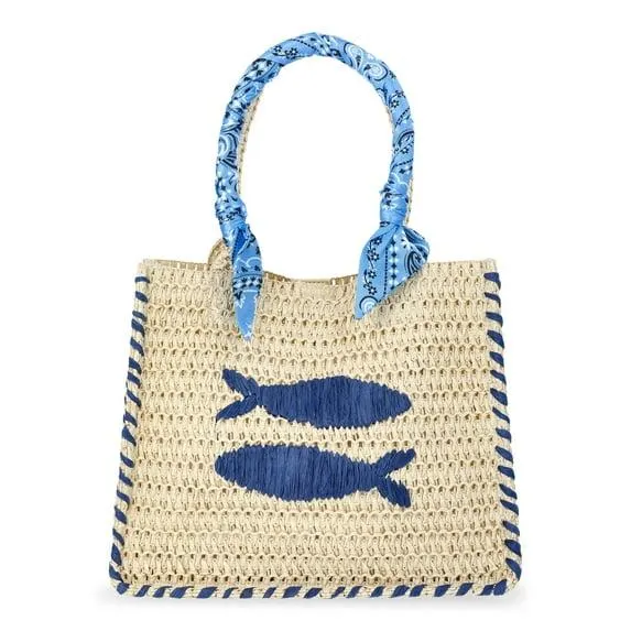 No Boundaries Women's Beach Icons Mini Straw Tote Bag, Light Natural with Fish Embroidery
