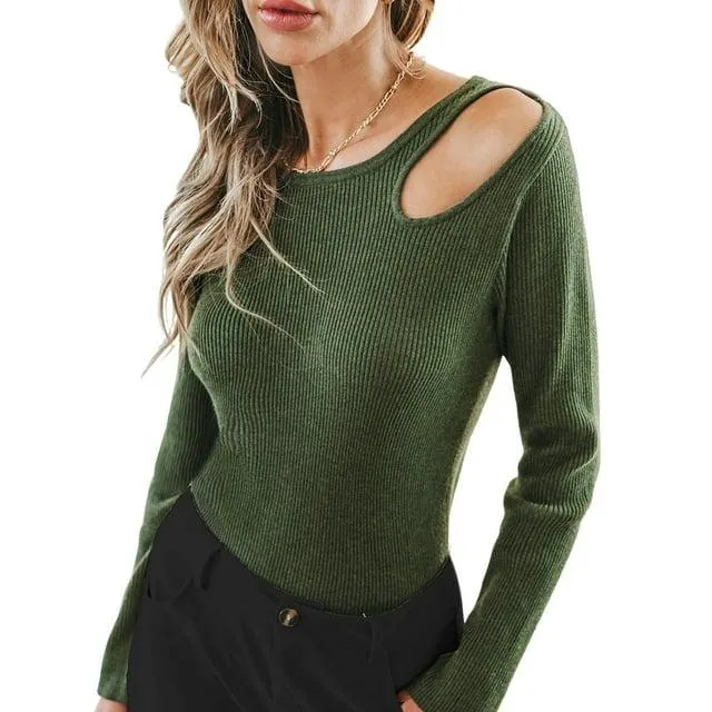 CUPSHE Women's Round Neck Cutout Green Sweater