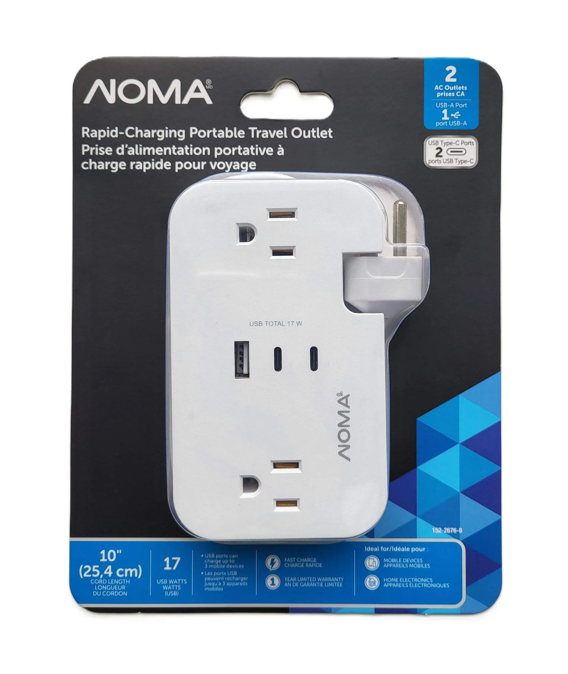 Barre d'alimentation de voyage portative à 2 prises avec 1 USB-A et 2 USB-C avec système de gestion des câbles NOMA, blanc