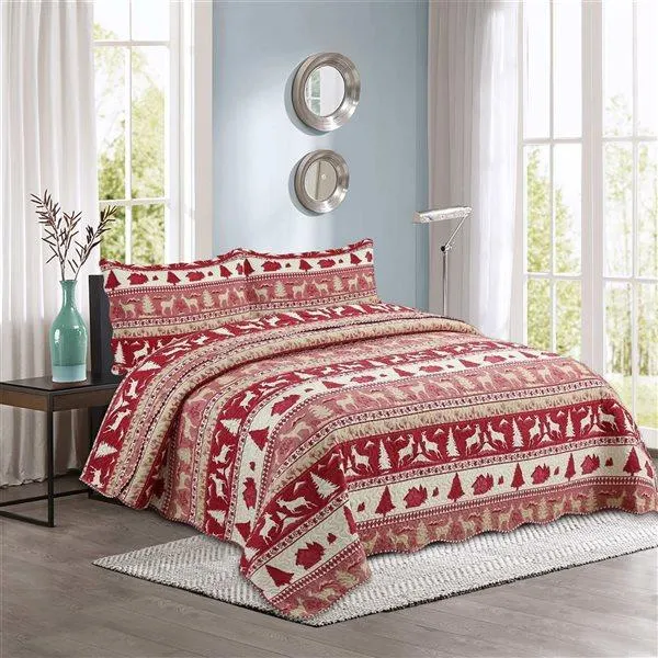 Couvre-lit courtepointe pour grand lit Marina Decoration motif de chèvre rouge style chalet en relief Pinsonic