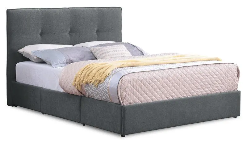 Lit de rangement Amos rembourré en tissu anthracite avec tête de lit capitonnée et 3 tiroirs intégrés - format très grand lit
