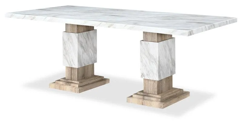 Table de salle à manger Vega de 82 po (L) avec imitation de marbre et base piédestal - naturelle et blanche