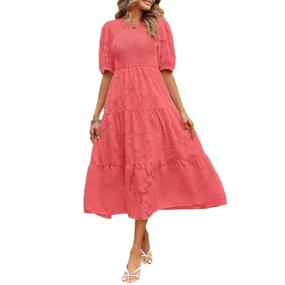 YOGAFOX Women's Floral Short Puff Sleeve Smocked Flowy Dress 2025 Summer Boho Tiered Midi Dresses Beige L
