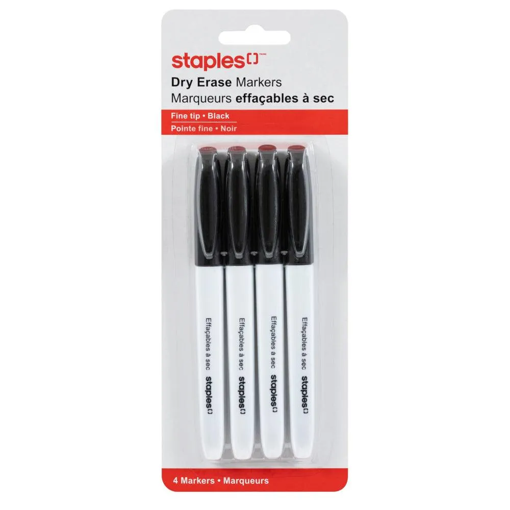 Staples - Marqueurs à effacement sec − Pointe fine − Noir − Paquet de 4