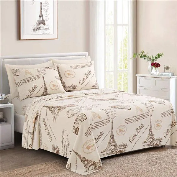 Ensemble de draps 6 pièces pour grand lit Marina Decoration bambou/polyester à motif tour Eiffel taupe/brun