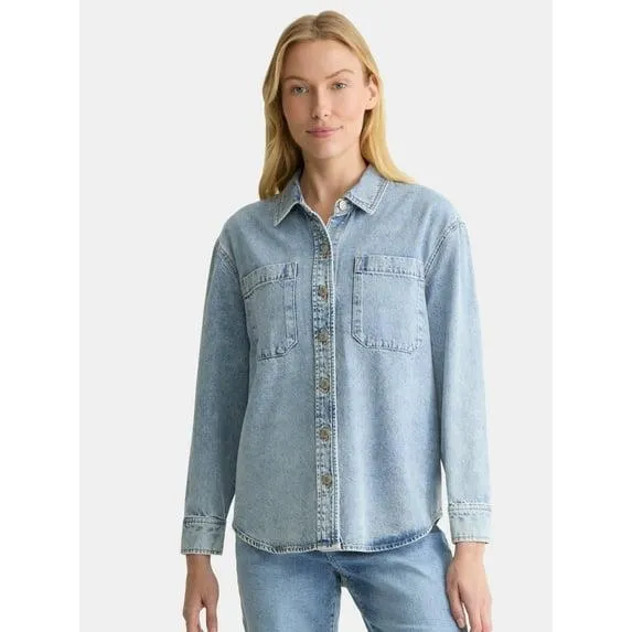 Time and Tru Women's Denim Overshirt with Long Sleeves, Sizes XS-XXXL