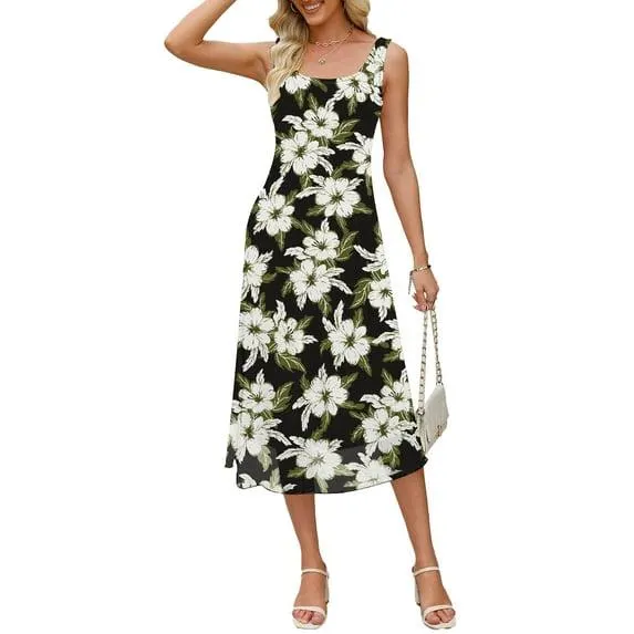 YOGAFOX Women's Sleeveless Floral Mesh Midi Dress Casual Boho Vacation Beach Sundress（Black,M）