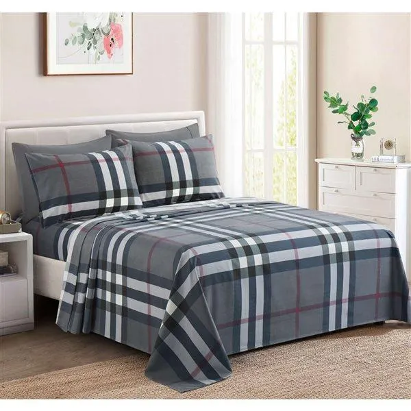 Ensemble de draps 6 pièces pour lit à 2 places Marina Decoration bambou/polyester à motif tartan noir/gris/argent/rouge