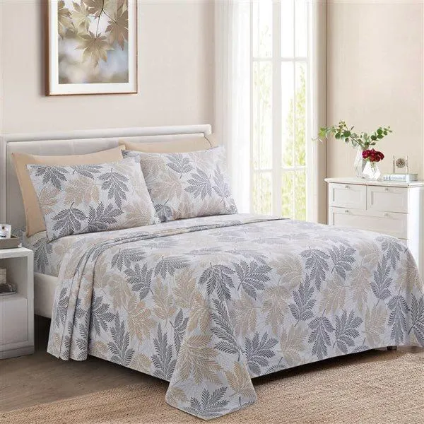 Ensemble de draps 6 pièces pour très grand lit Marina Decoration bambou/polyester motif feuillage taupe, gris et blanc