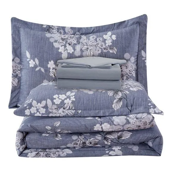 Ensemble douillette au motif floral bleu-gris Marina Decoration pour très grand lit, 7 pièces