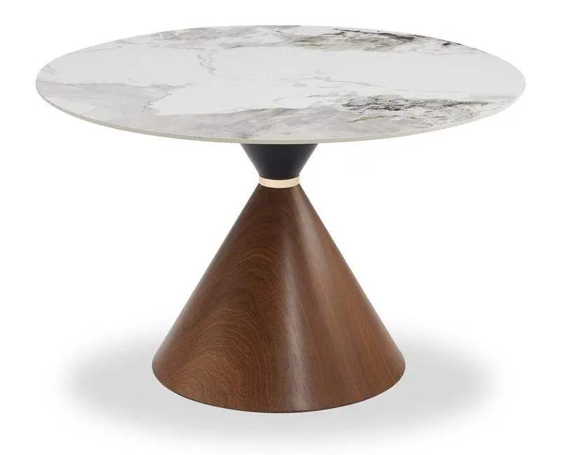 Table de salle à manger Alwin avec dessus en pierre frittée, base en forme de sablier et touches dorées - 47,25 po (L), ronde - brune