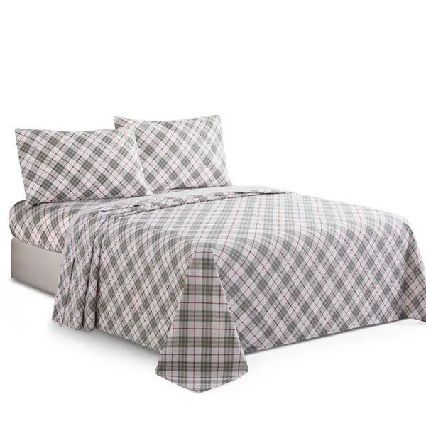 Literie imprimée pour très grand lit en mélange de coton Marina Decoration motif tartan gris et blanc