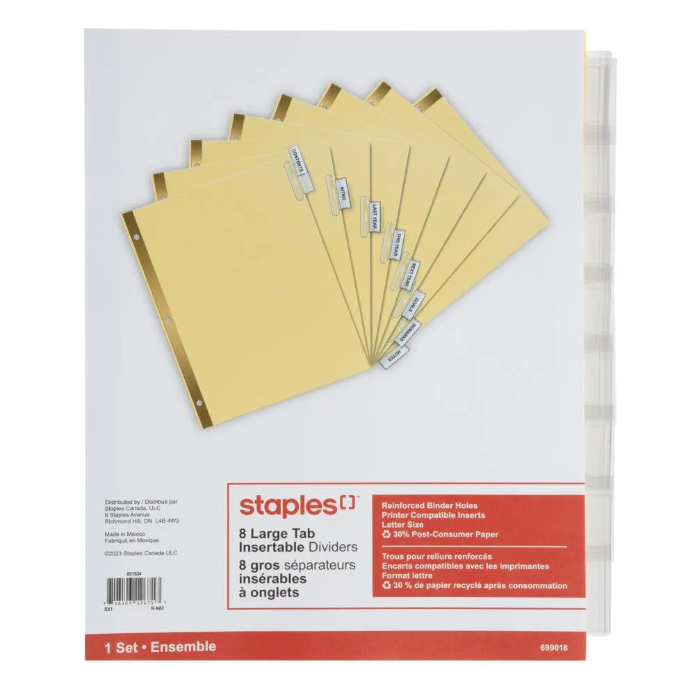 Staples - Onglets séparateurs transparents insérables, 8 onglets