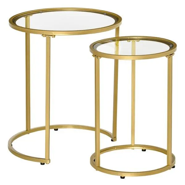 Tables d'appoint gigognes HOMCOM avec plateau en verre tempéré et structure de métal or, ens. de 2