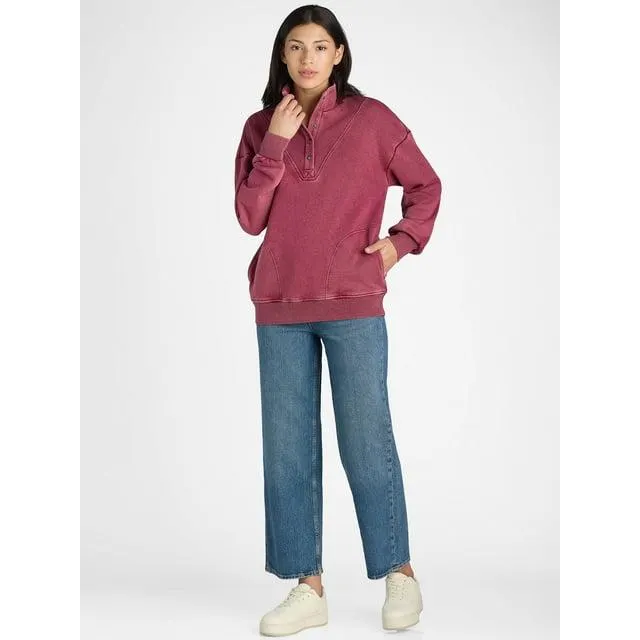 Time and Tru Women's Mock Neck Henley Pullover Sweatshirt, Sizes XS-XXXL