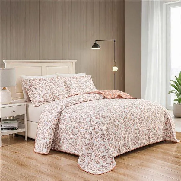 Couvre-lit courtepointe pour très grand lit 3 morceaux Marina Decoration en jacquard brodé rose floral réversible