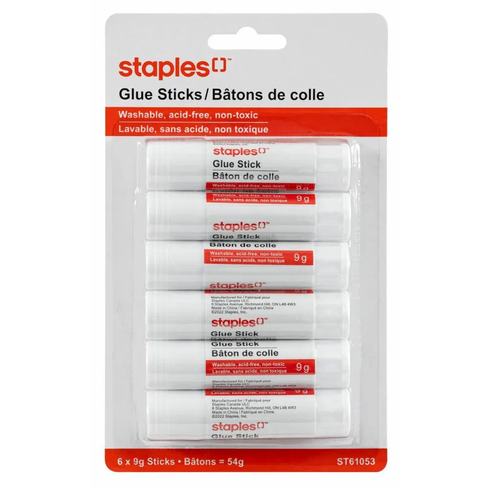 Staples - Bâtons de colle lavable - 9g - Paquet de 6