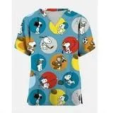 T-Shirt pour Femmes Uniforme d'Infirmière Imprimé Snoopy Col en V avec Poche Uniforme Médical Infirmier Vêtements pour Femmes