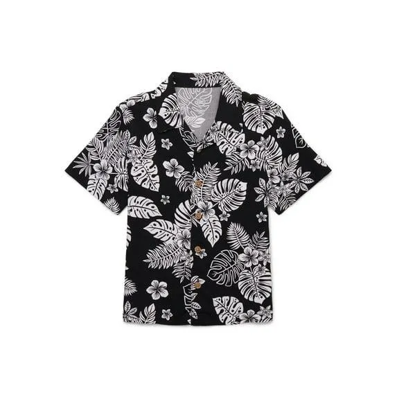 Wonder Nation Toddler Boys Print Button Up Shirt with Short Sleeves, Sizes 12M-5T