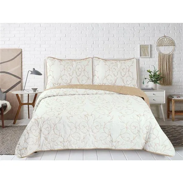 Ensemble de courtepointe florale Marina Decoration or et blanc pour très grand lit, 3 mcx