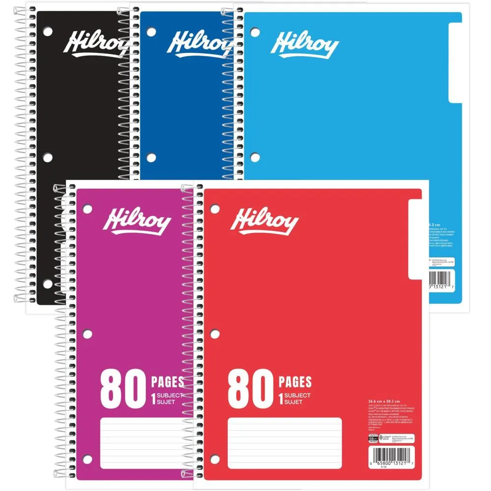 Hilroy – Cahier de notes à 1 sujet, 10 1/2 po x 8 po, 80 pages - couleurs variées
