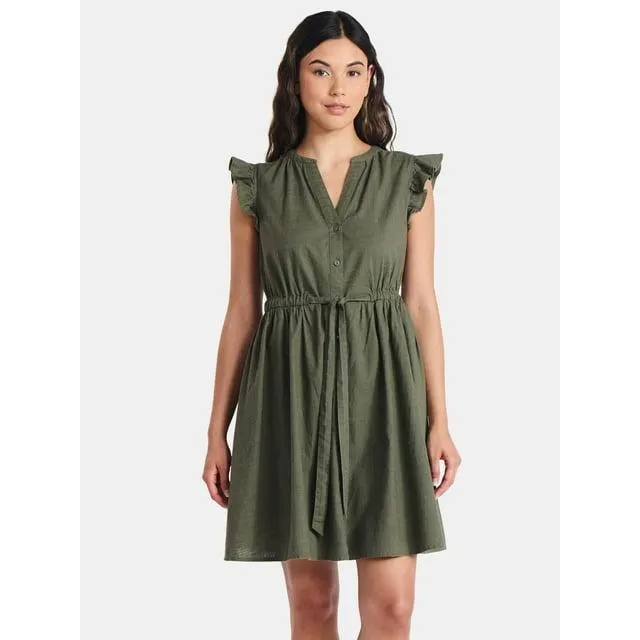 Time and Tru Women's and Women's Plus Button Front Cotton Mini Dress with Flutter Sleeves, Sizes XS-4X