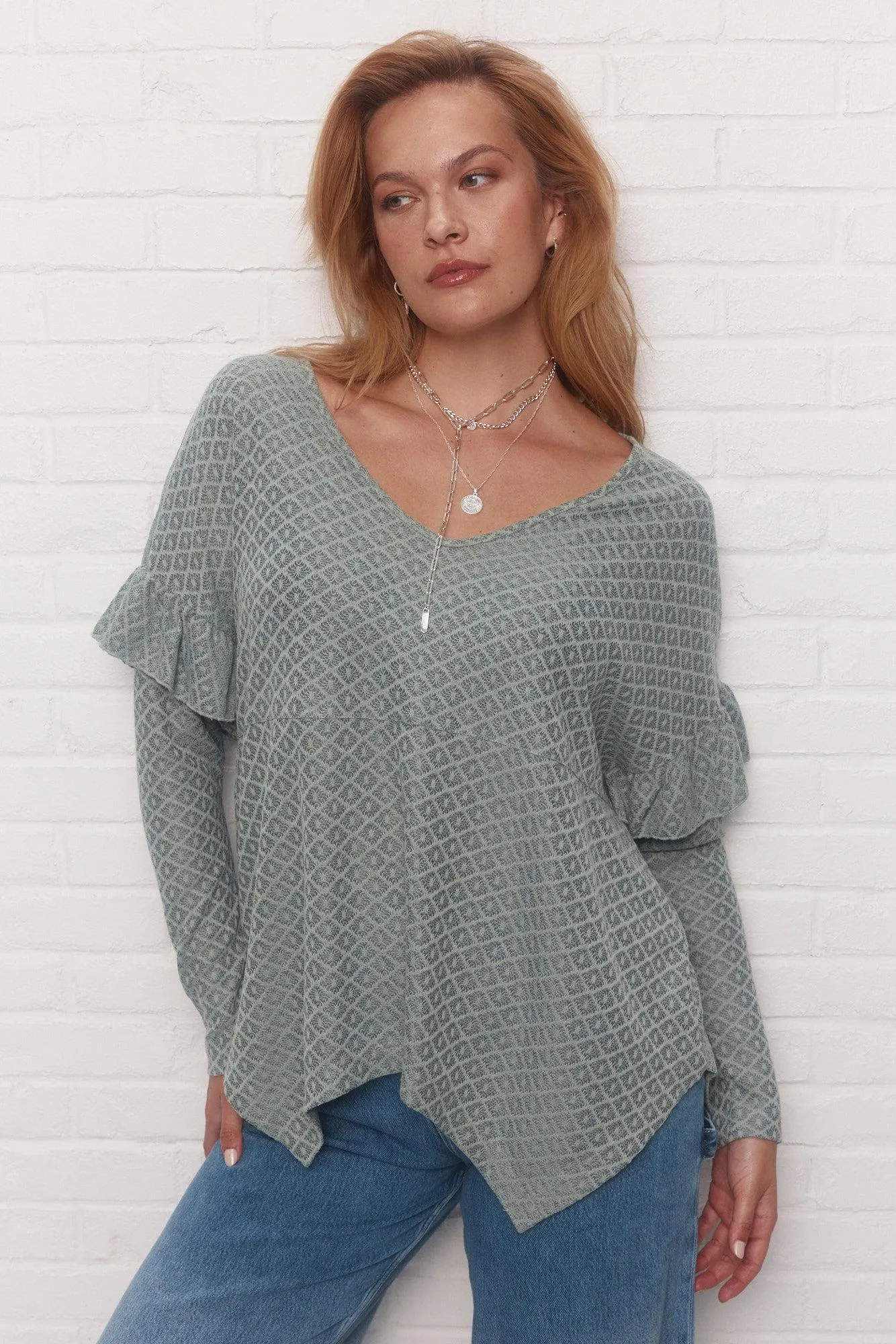 Chandail vert texturé à volants | Rivington