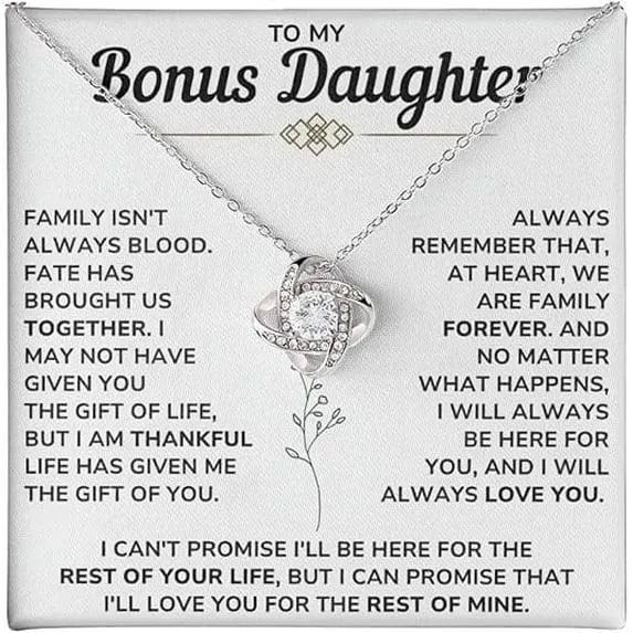 To My Beautiful Bonus Daughter Necklace From Mom & Dad With Heartfelt Message Card Perfect for Birthday, Graduation, or Christmas