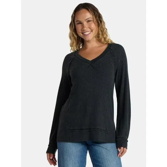 Time and Tru Women's V Neck Tunic Sweatshirt with Long Sleeves, Sizes XS-XXXL