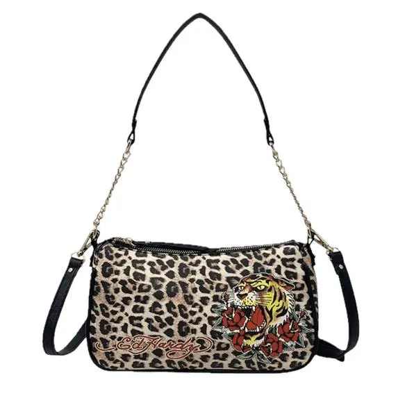 Ed Hardy Women's Tiger & Roses Baguette Bag, Black Leopard