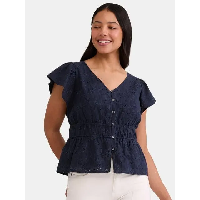Time and Tru Women's Eyelet Peplum Top, Sizes XS-XXXL